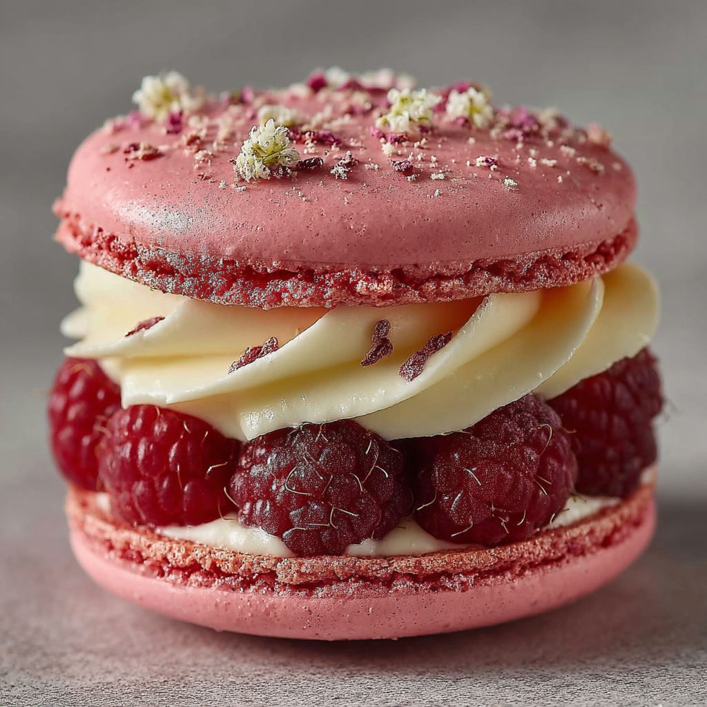 Un délicieux macaron rose avec des fruits rouges.