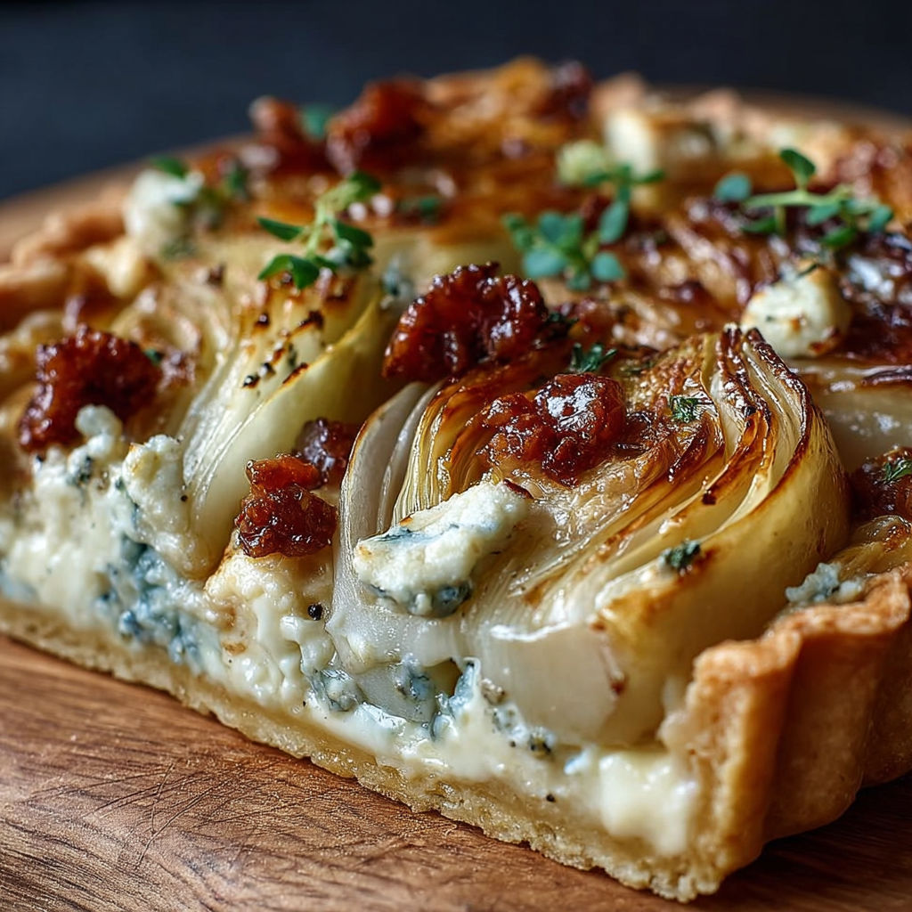 Une tarte aux légumes et fromage, avec des légumes tels que le chou et le bacon, est servie sur une table.