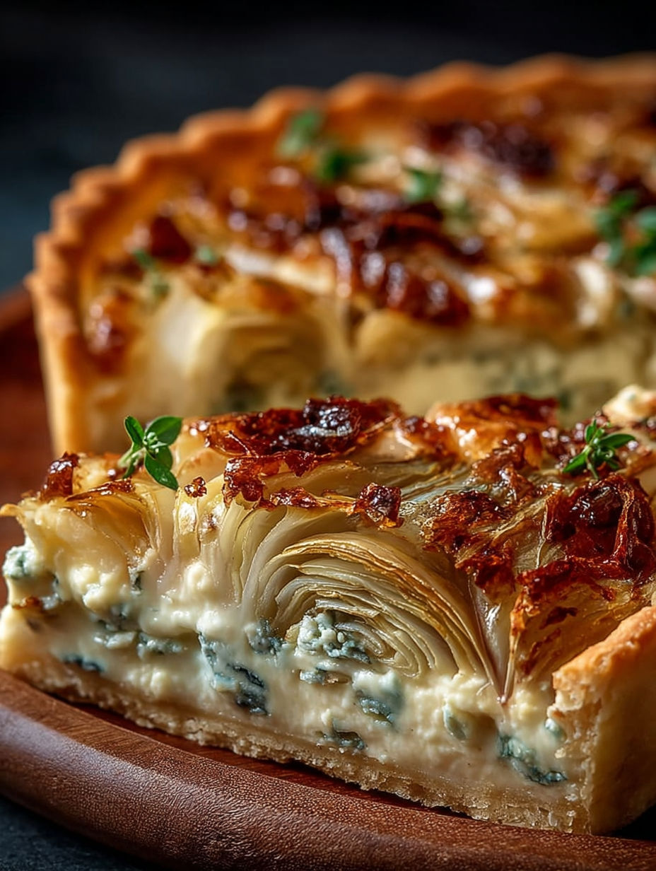 Une tarte aux légumes et au fromage, avec une pâte brûlée et des légumes verts.