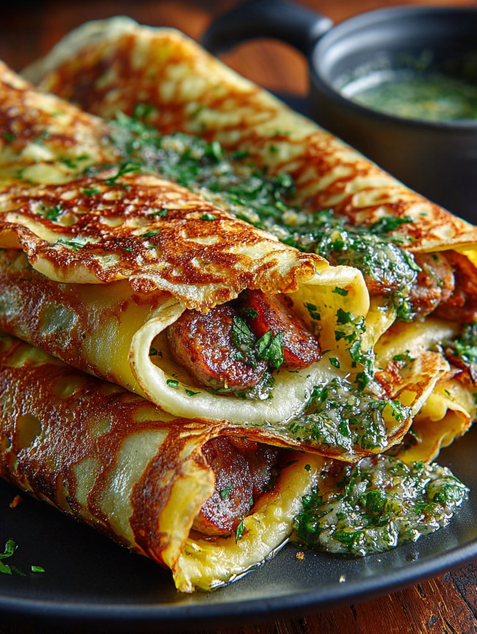 Une crêpe saucisse œufs salsa verde est servie sur un plateau.