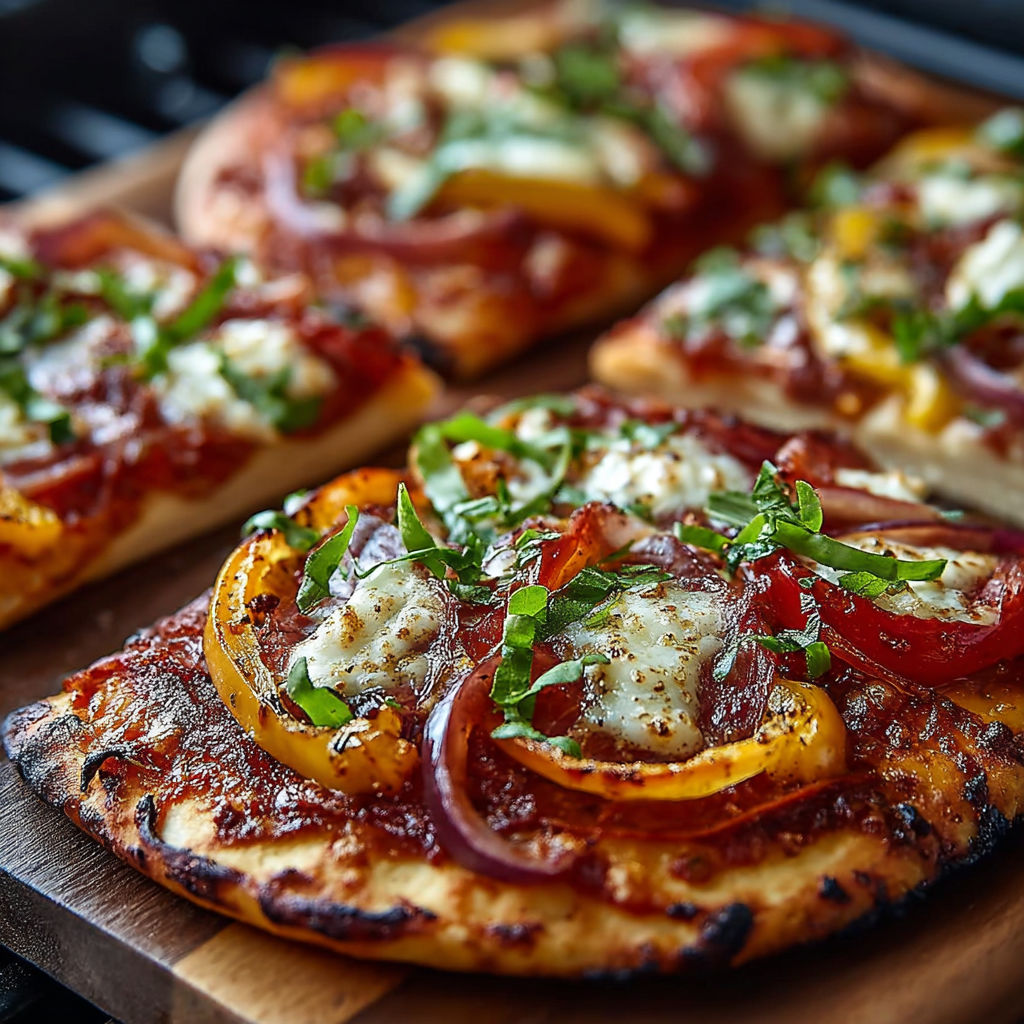 Pizzas au capicollo et poivron, avec des ingrédients tels que des tomates, des oignons et des herbes, sont servies sur des plaques de bois.