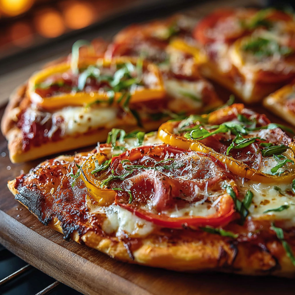 Une pizza maison avec des tomates, des oignons et du bacon.