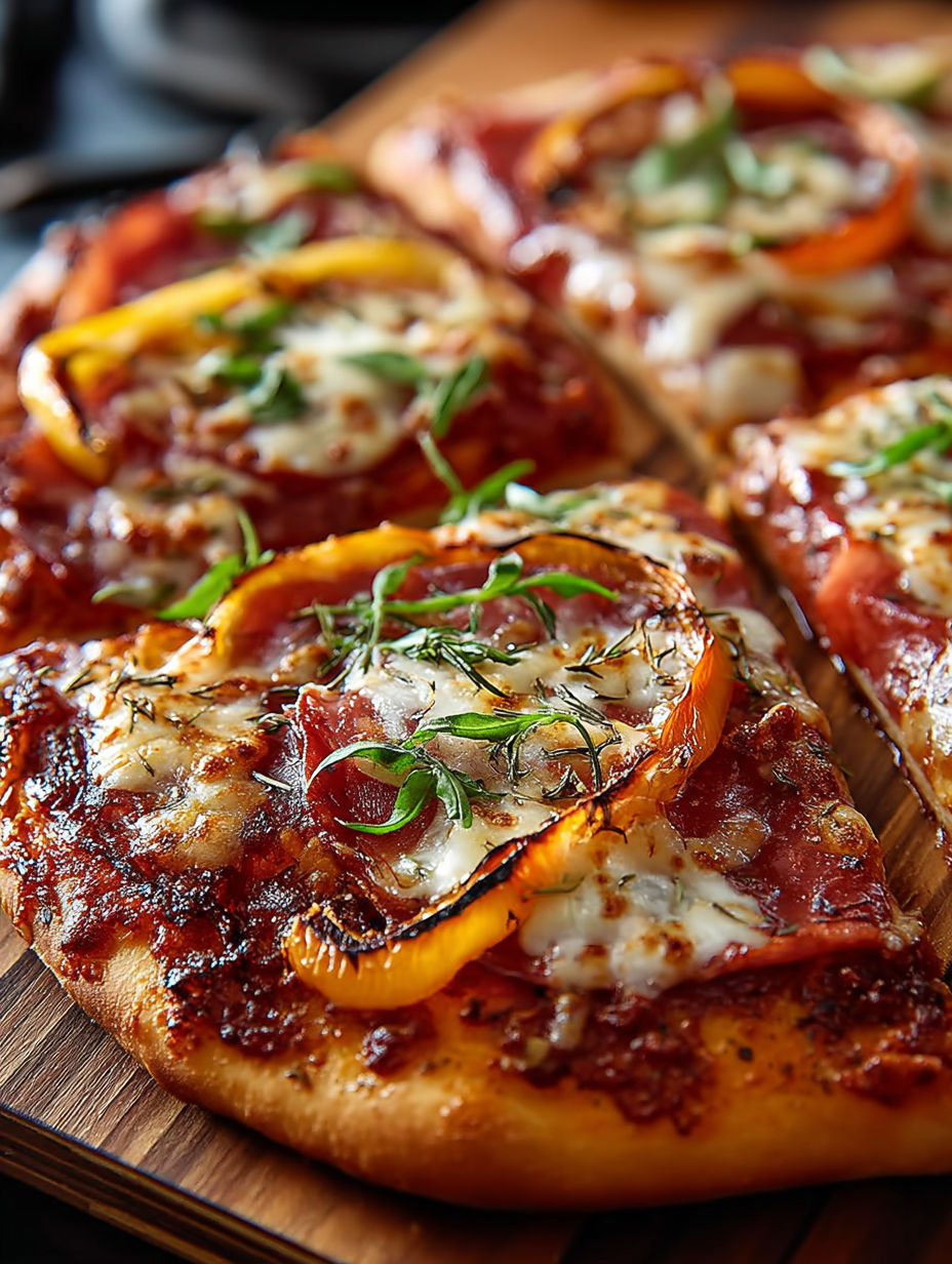 Une pizza maison avec des légumes et du fromage.