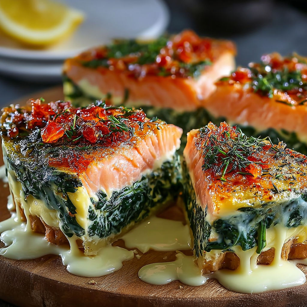 Flan Saumon Épinards Citron, une recette savoureuse et délicieuse, est servie sur un plateau en bois avec des morceaux de saumon et des épinards.