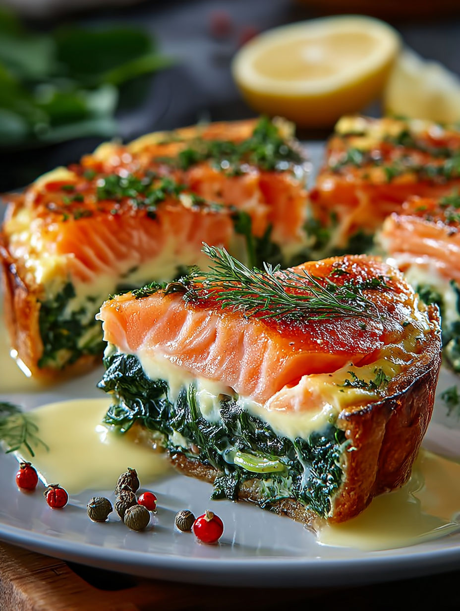 Une tarte aux légumes et saumon, garnie de citrons et de herbes, est servie sur un plateau.