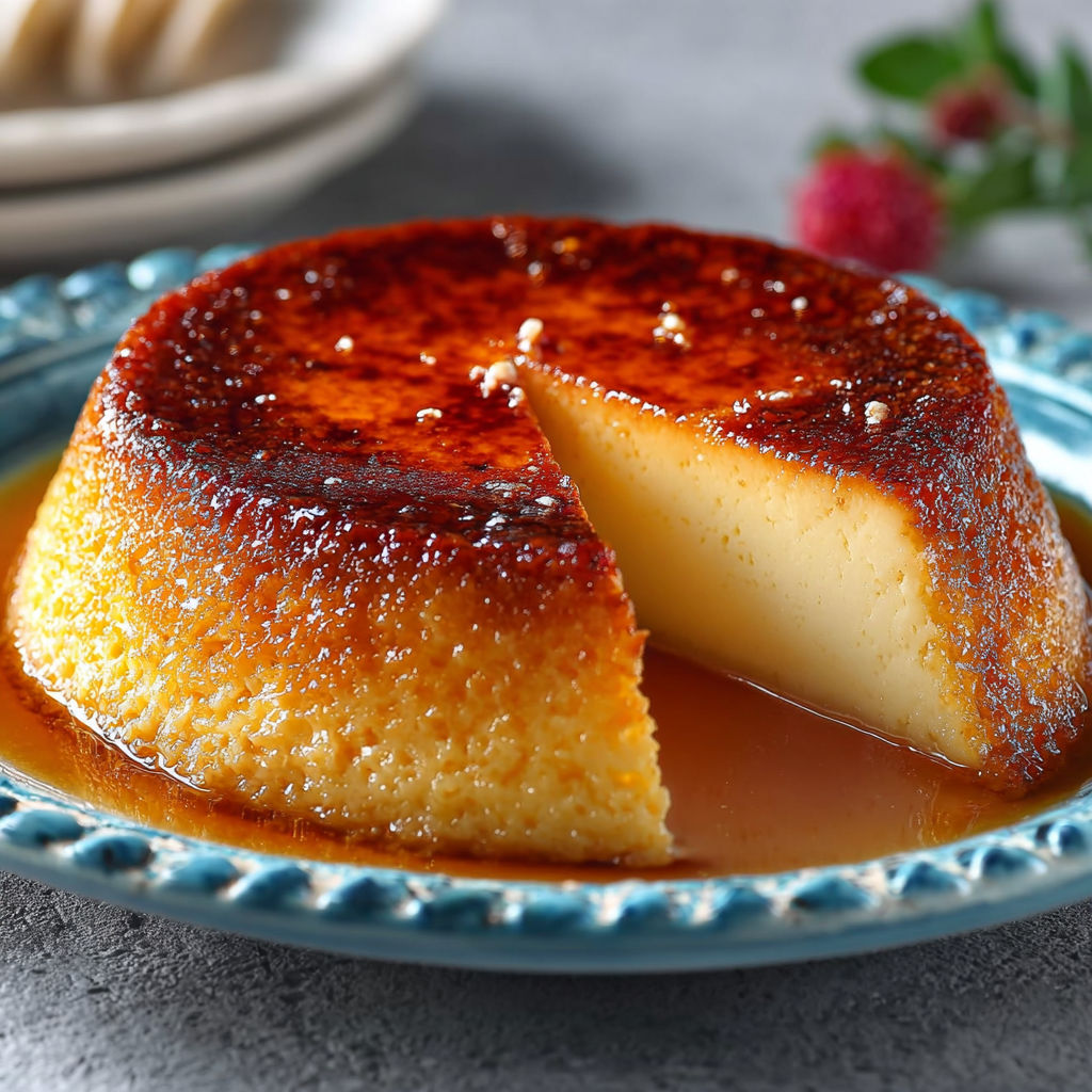 Une portion de flan sans pâte ultra fondant, avec une sauce au caramel.