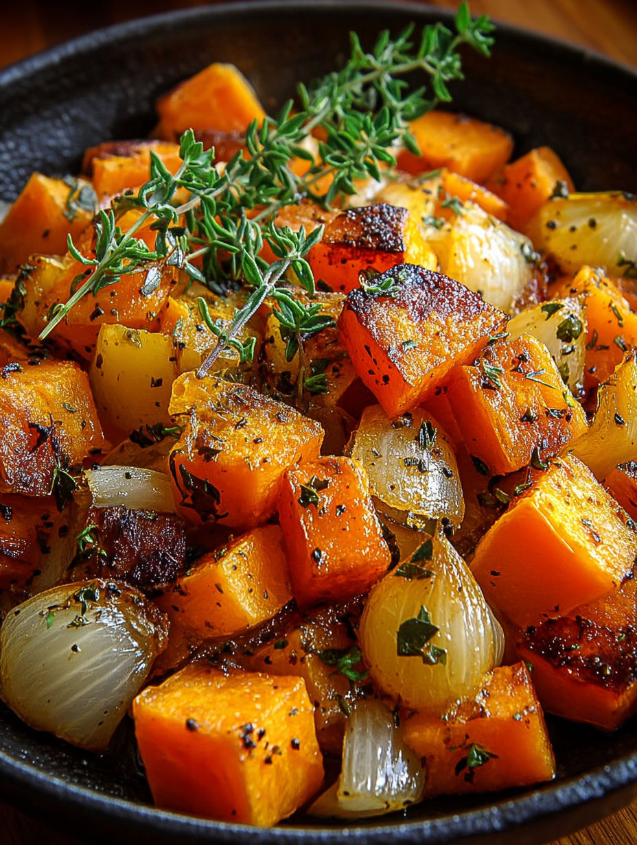 Une recette de carottes et oignons, avec une touche de thym et de persil, est servie dans un bol.