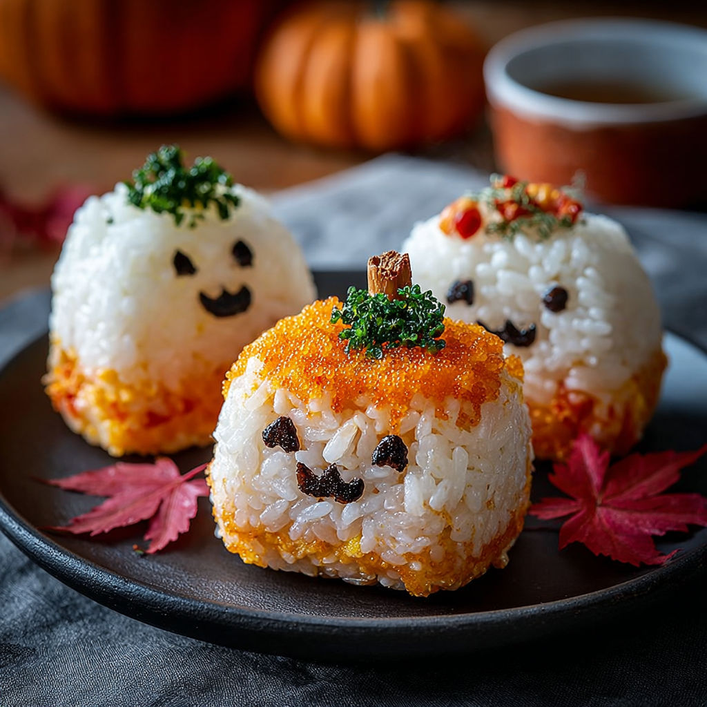 Rice cakes with a face made of rice and a carrot stick for a nose.
