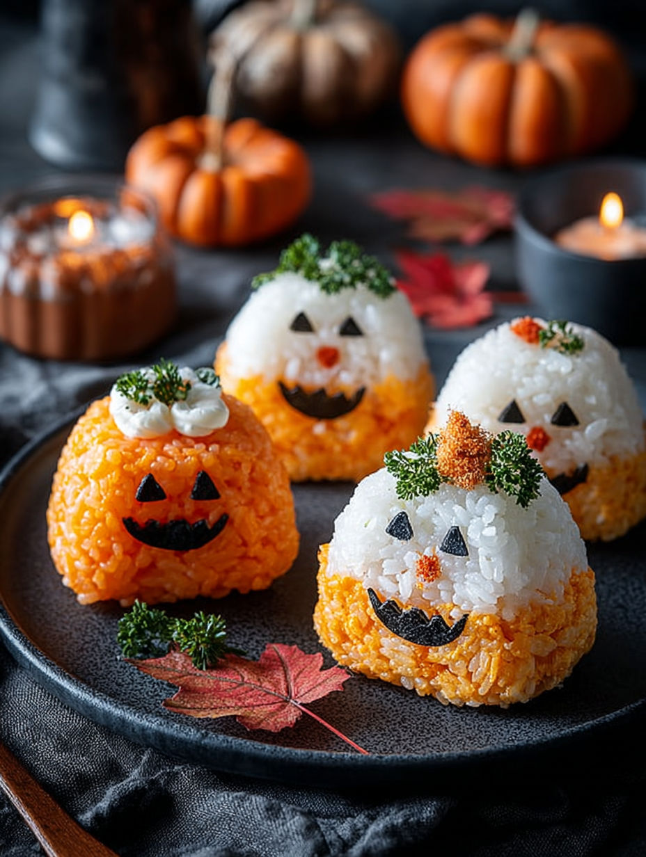 Rice cakes avec des fruits et des feuilles de chrysanthème, formant des desserts Halloween.