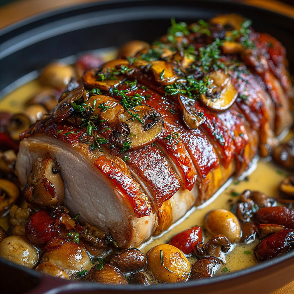 Un délicieux plat de viande grillée avec des champignons et des herbes, accompagné de légumes et de sauce.