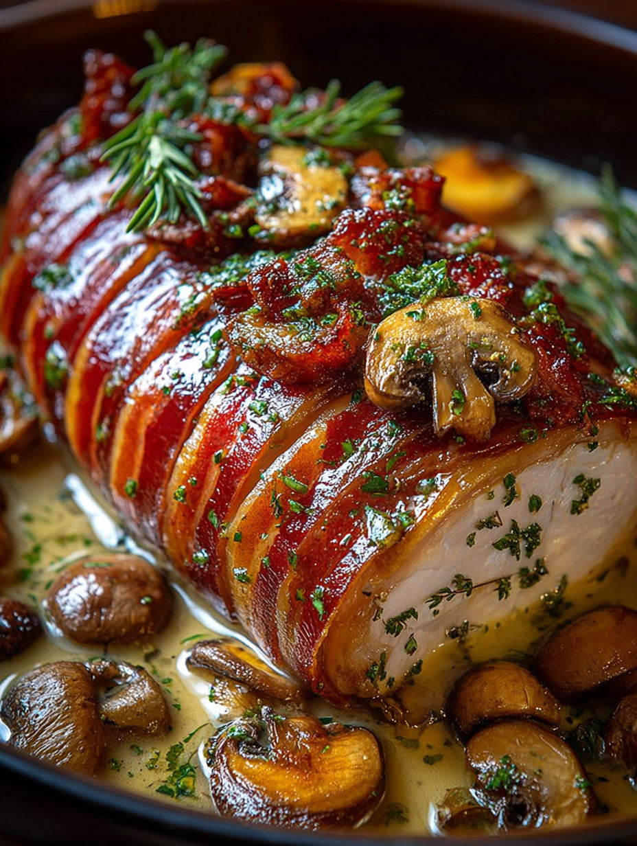 Pork with mushrooms and herbs, a delicious recipe for a hearty meal.