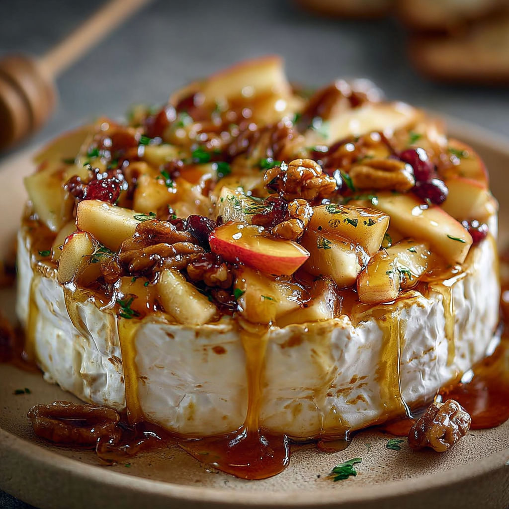 Une tarte de Brie fourre aux pommes érables, garnie de noix et sauce caramel.