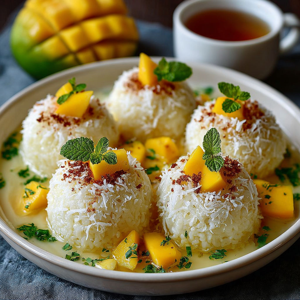 Boulettes de Riz Coco Mangue - Une assiette de boulettes de riz avec des mangues et des herbes vertes.