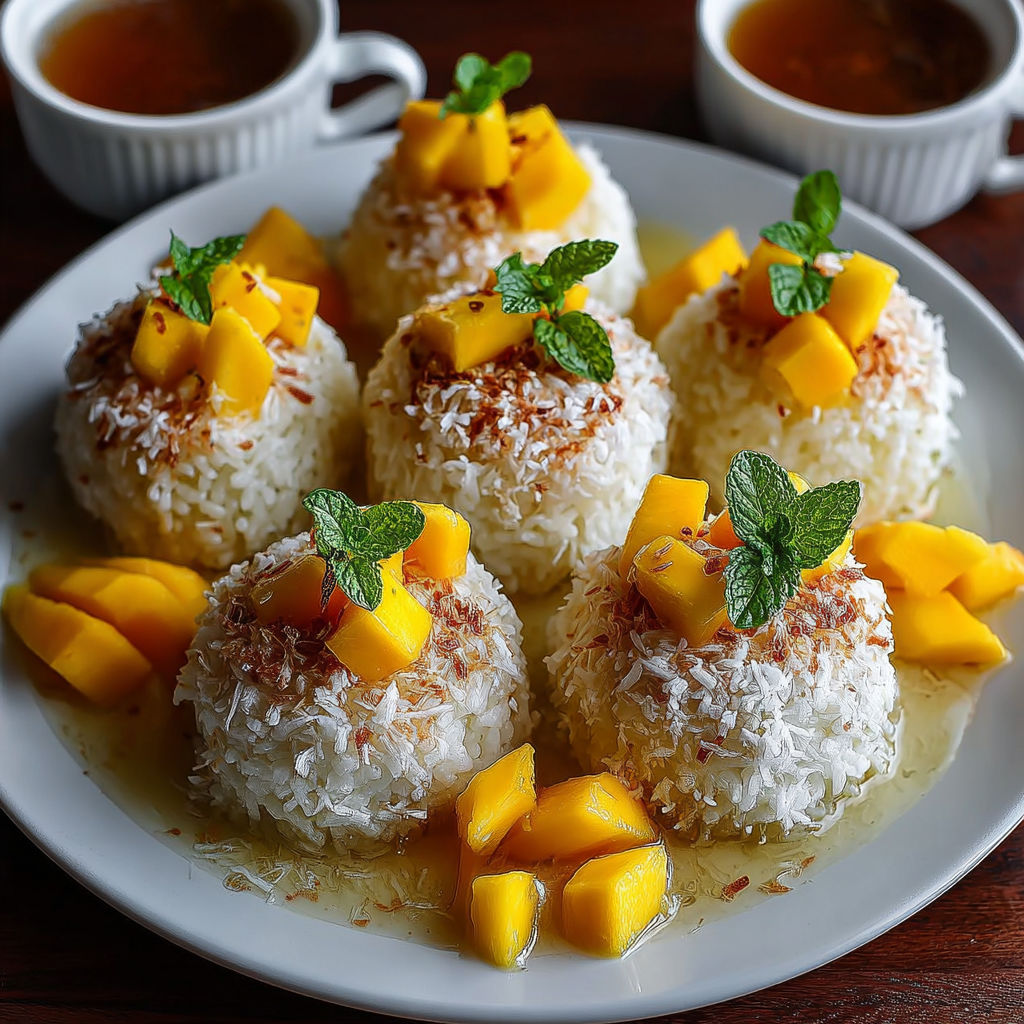 Une plate de desserts de riz et de mangue avec des feuilles de menthe.