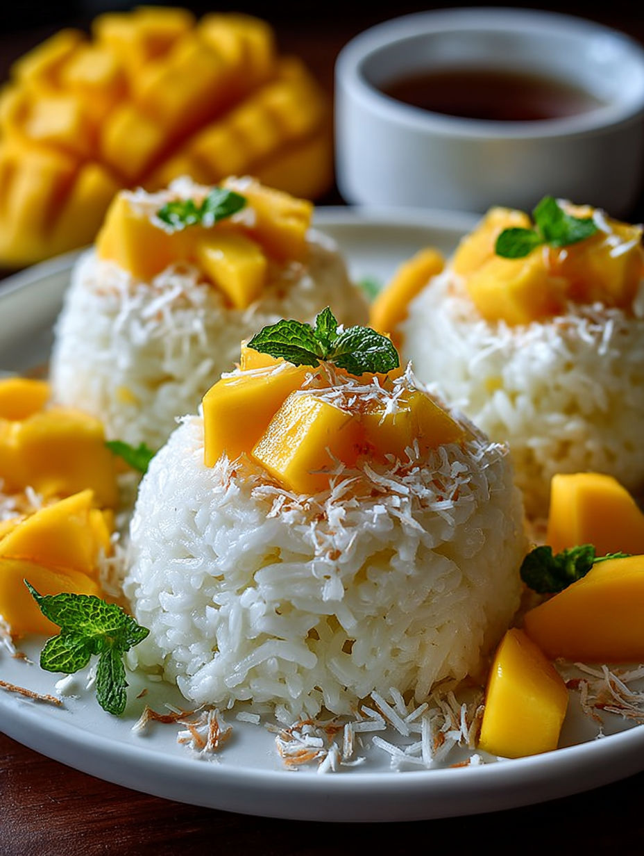 Rice with mango and mint topped with coconut.