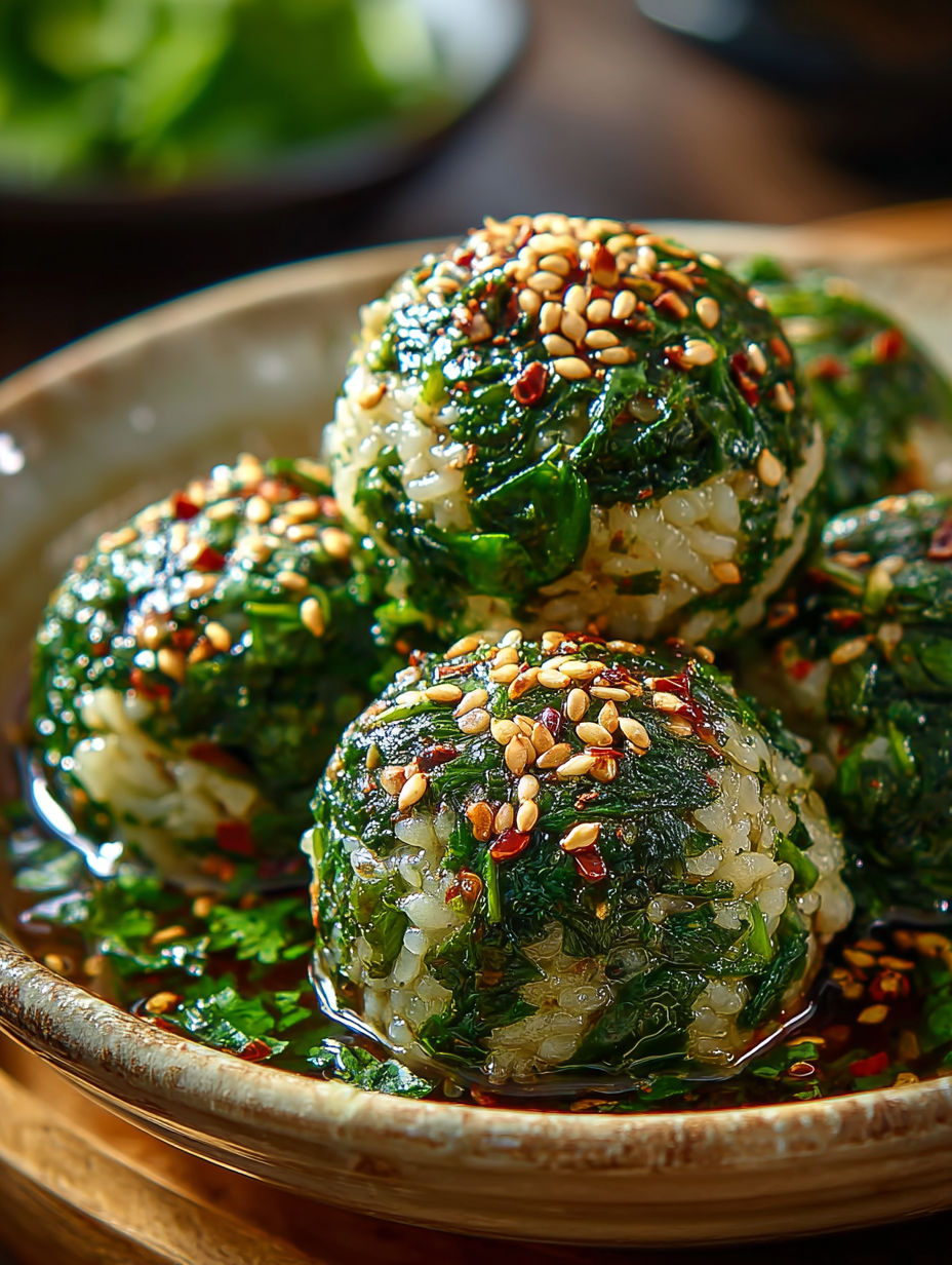 Une recette de boulettes vertes avec des graines de sésame et des herbes vertes.