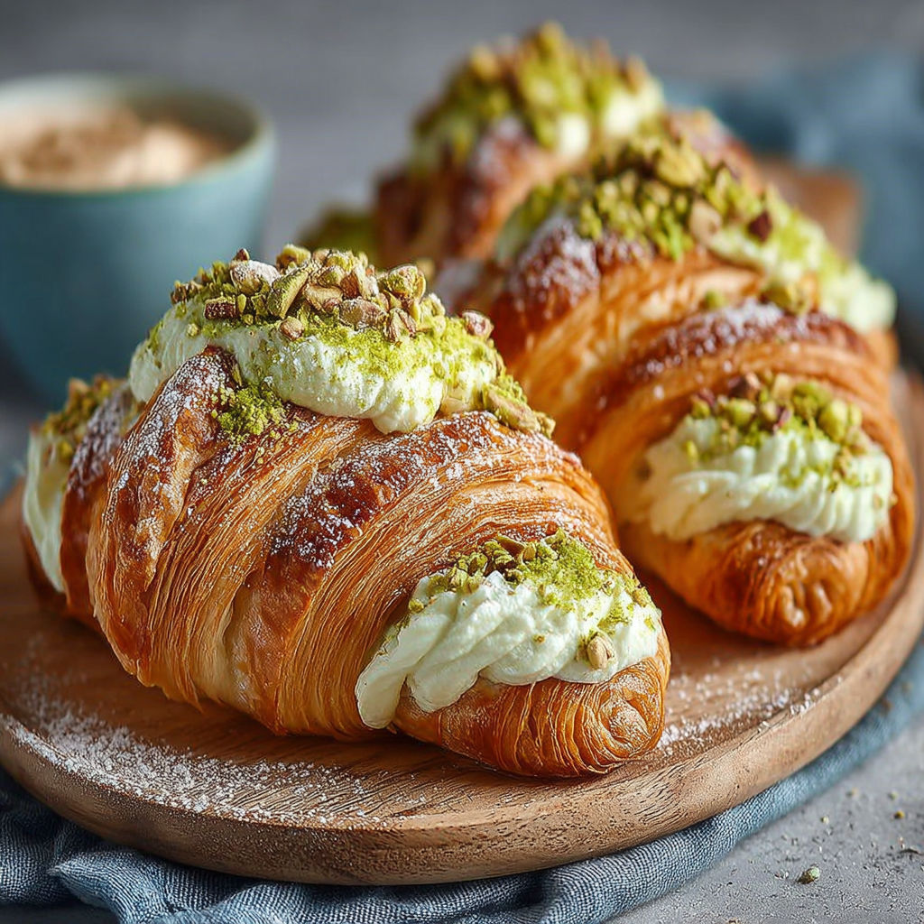 Croissant au pistache et au safran, garnis de crème fraîche et de pistaches, servis sur un plateau.