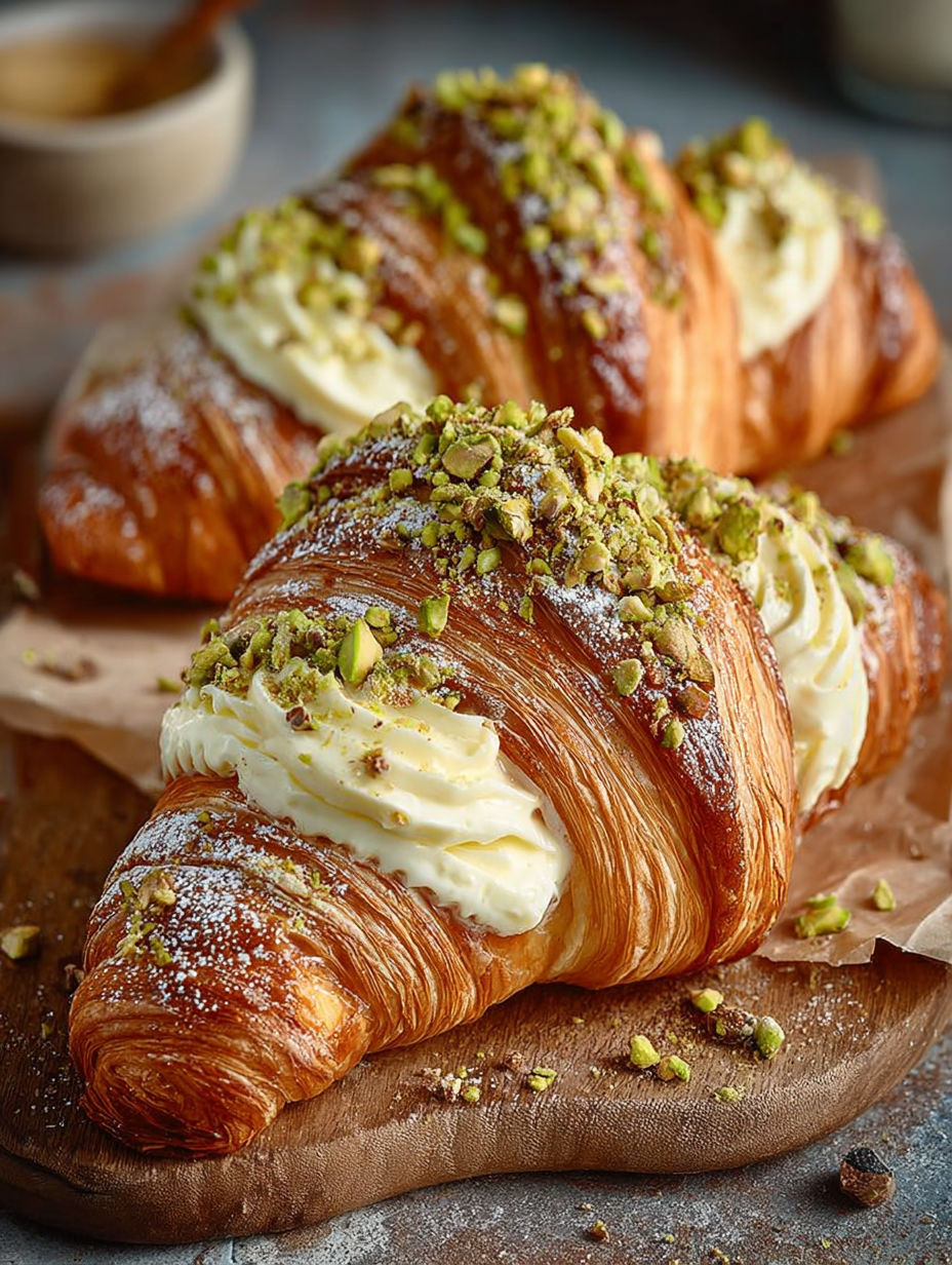 Une croissant au pistache et au marzipan, sur un plateau de bois.