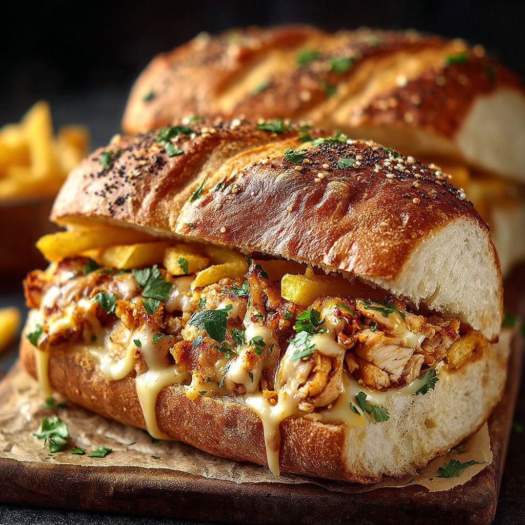 Une sandwich au poulet grillé avec des pommes de terre frites et des herbes.