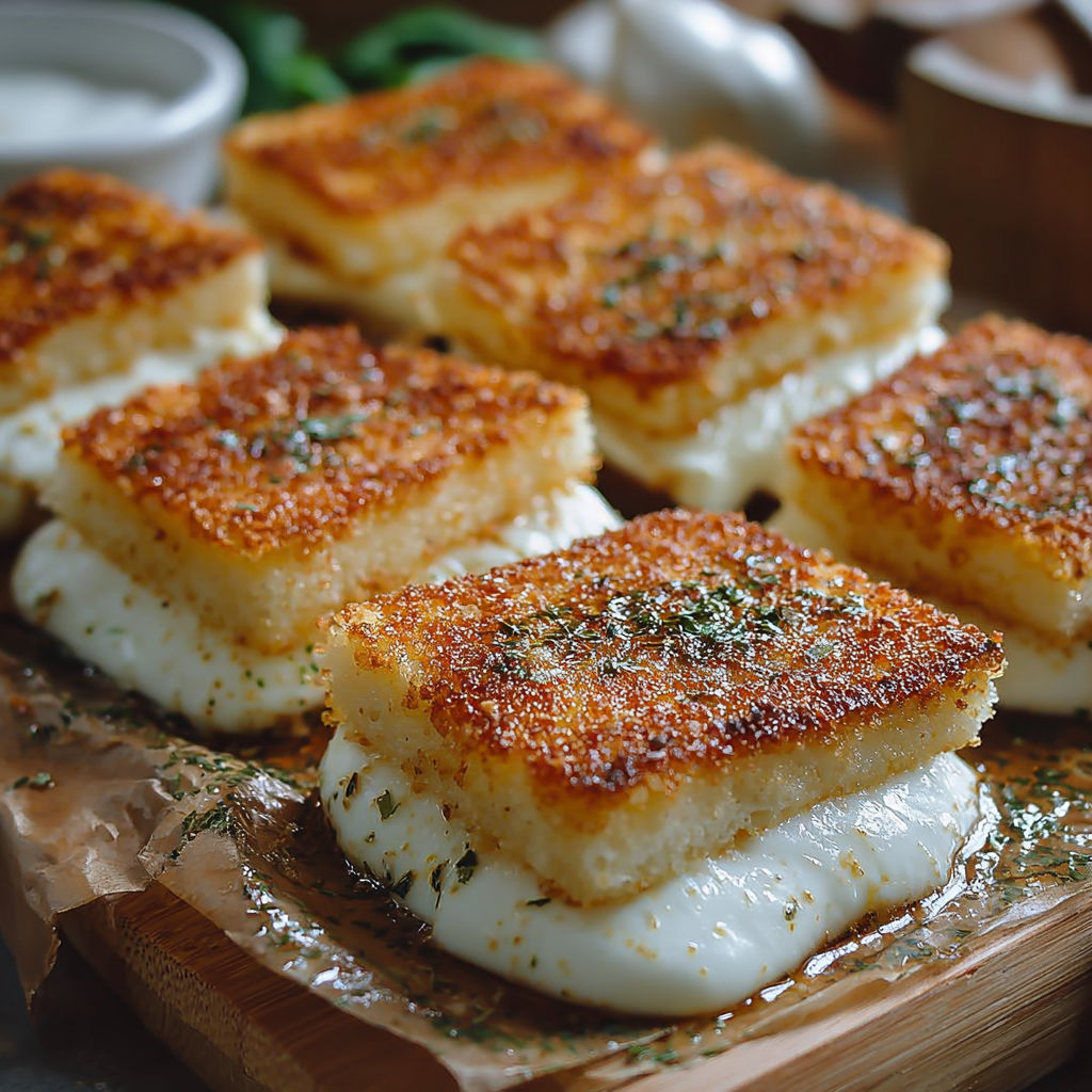Une recette de Mozzarella en Carrozza est servie sur un plateau de bois.