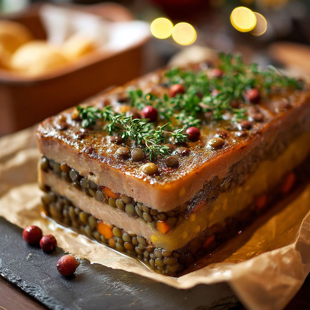 Terrine Lentilles Foie Gras Madère, une recette savoureuse et délicieuse, est servie sur un plateau en papier.