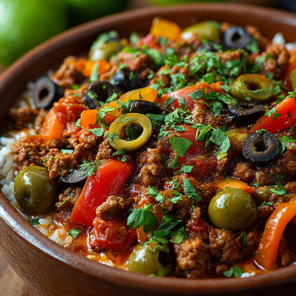 Une recette de chili con carne avec des olives, des tomates, des poivrons et des épinards.