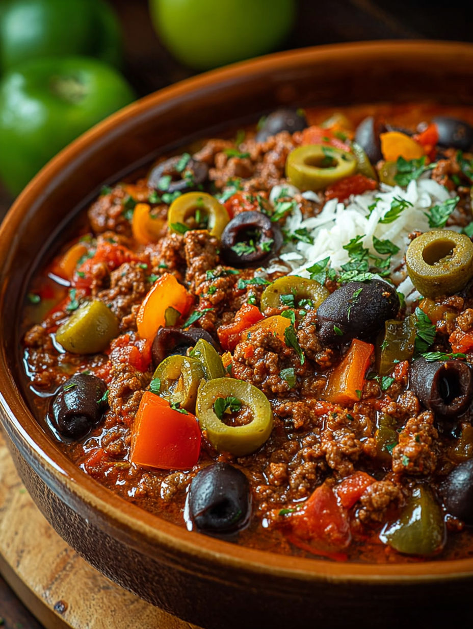Une recette de chili con carne avec des olives, des tomates et des épinards.