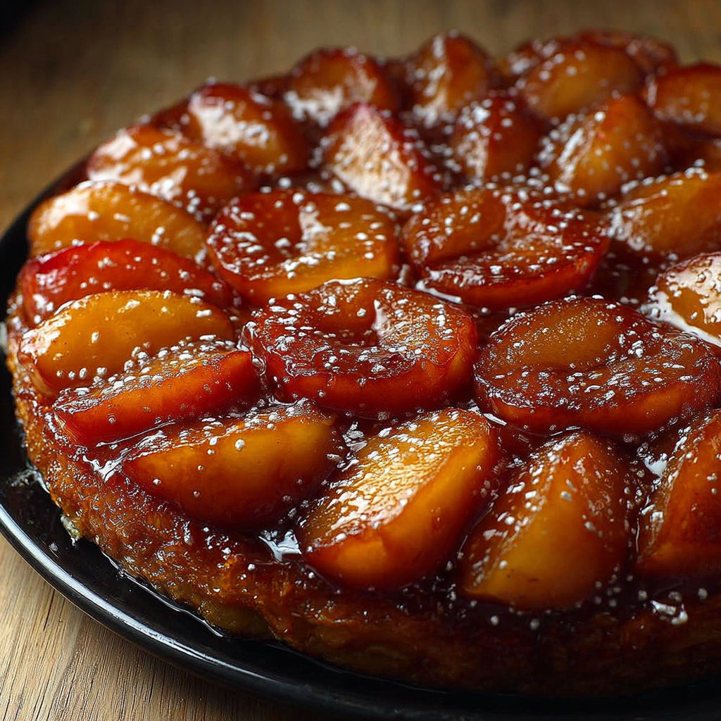 Une tarte Tatin parfaite aux pommes, recette traditionnelle, est servie sur un plateau en bois.