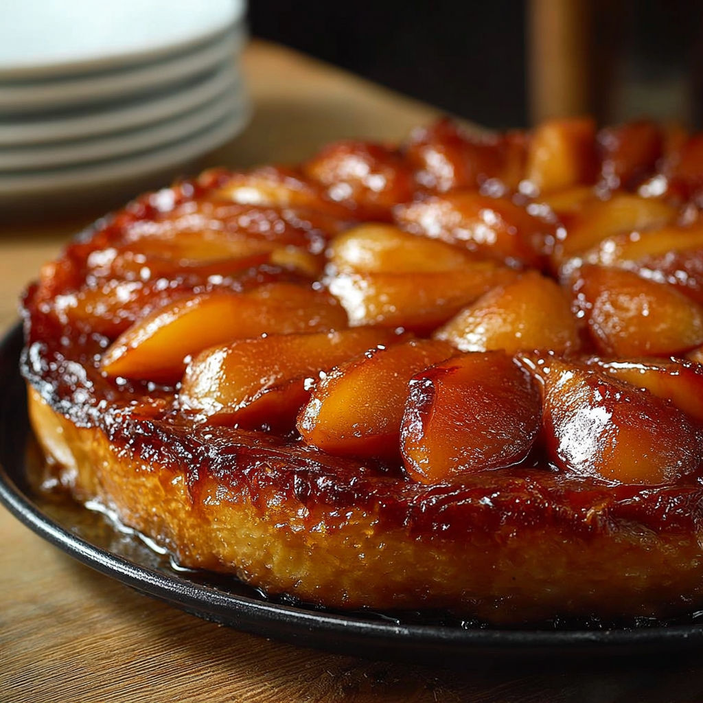 Une tarte tatin parfaite aux pommes, cuite et prête à être dégustée.