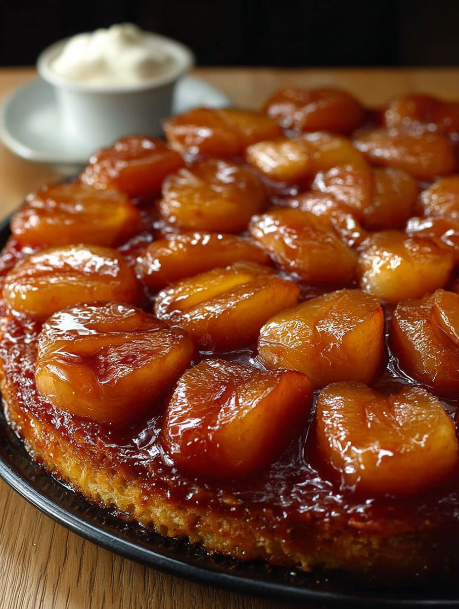 Une tarte Tatin parfaite aux pommes, recette traditionnelle française, est servie sur un plateau en bois.