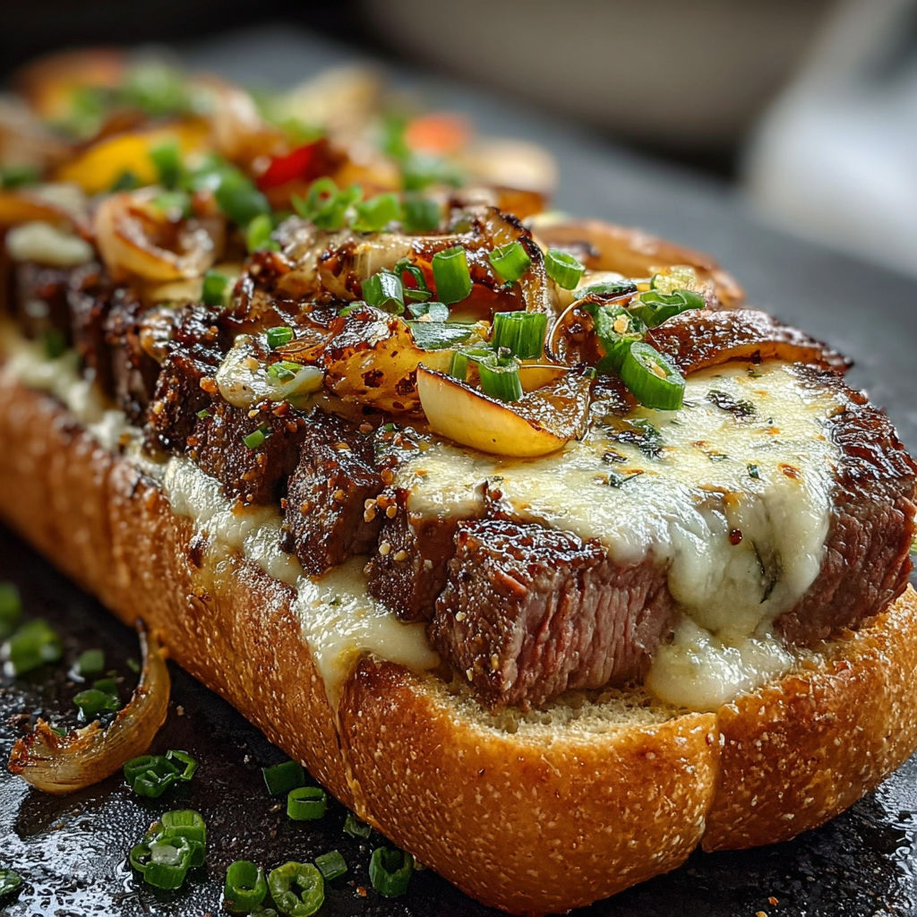 Un sandwich de steak avec des pousses d'ail et des légumes verts.