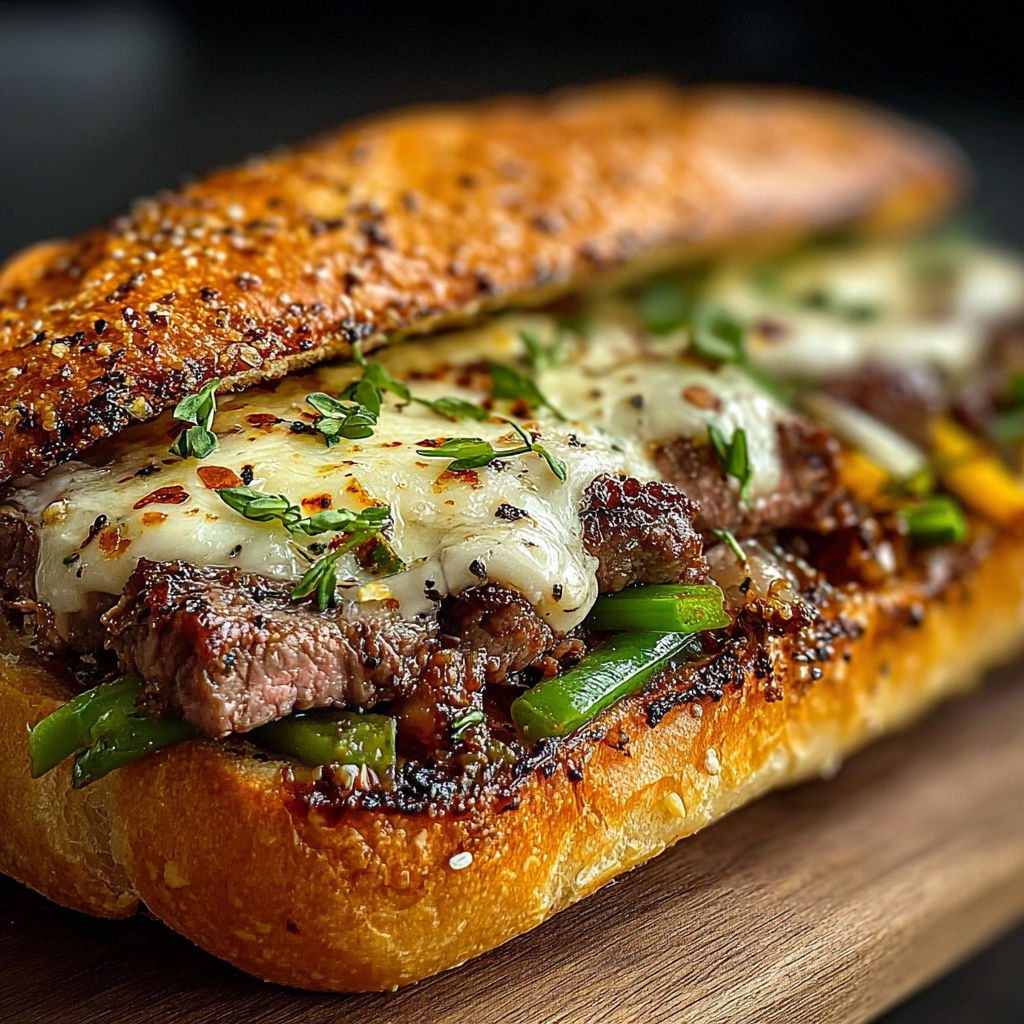 Un sandwich de boeuf grillé avec des légumes verts et des herbes.