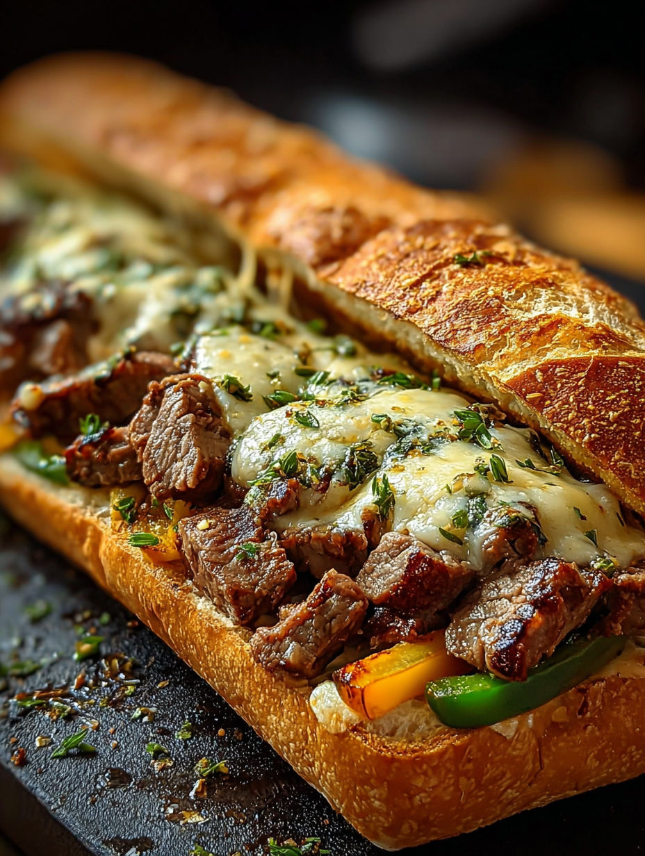 Un sandwich de steak avec des pépins de poivron et des herbes.