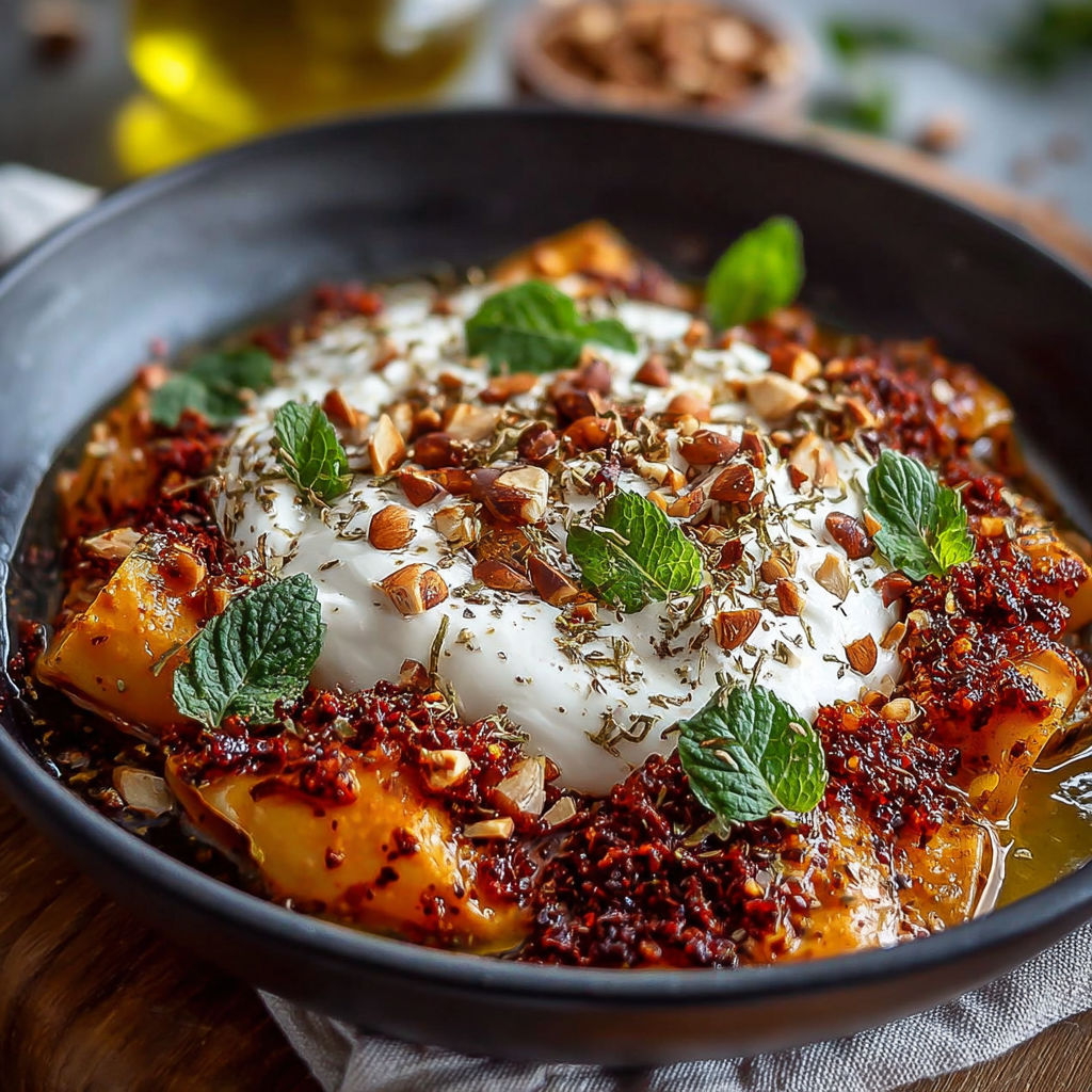 Une recette de pâtes à la harissa et burrata, avec des ingrédients tels que des noix, des herbes et des épices, est servie dans un bol sur une table.