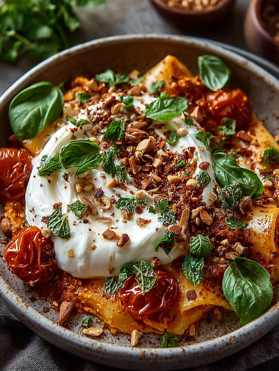 Une recette de lasagna avec des tomates, des épinards et des herbes.