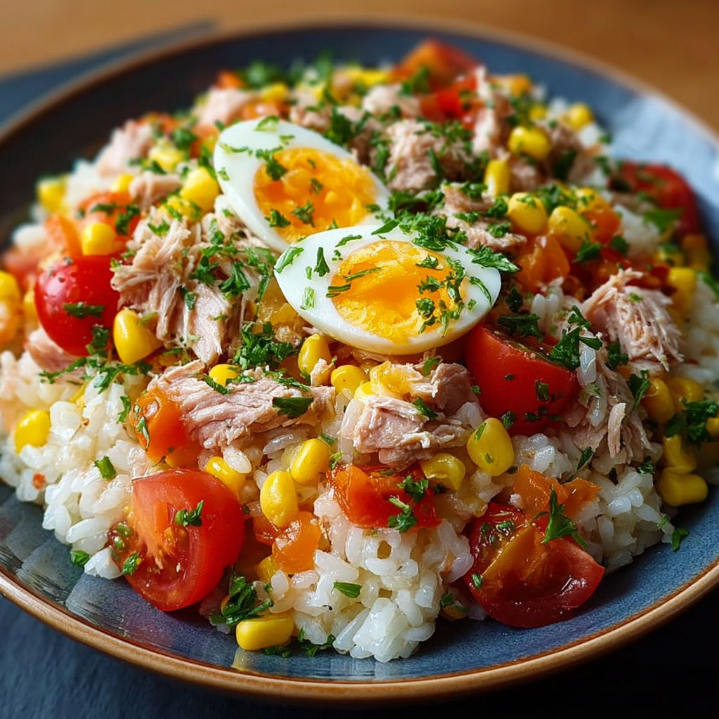 Une salade de riz et tomates avec des oeufs et des légumes verts.