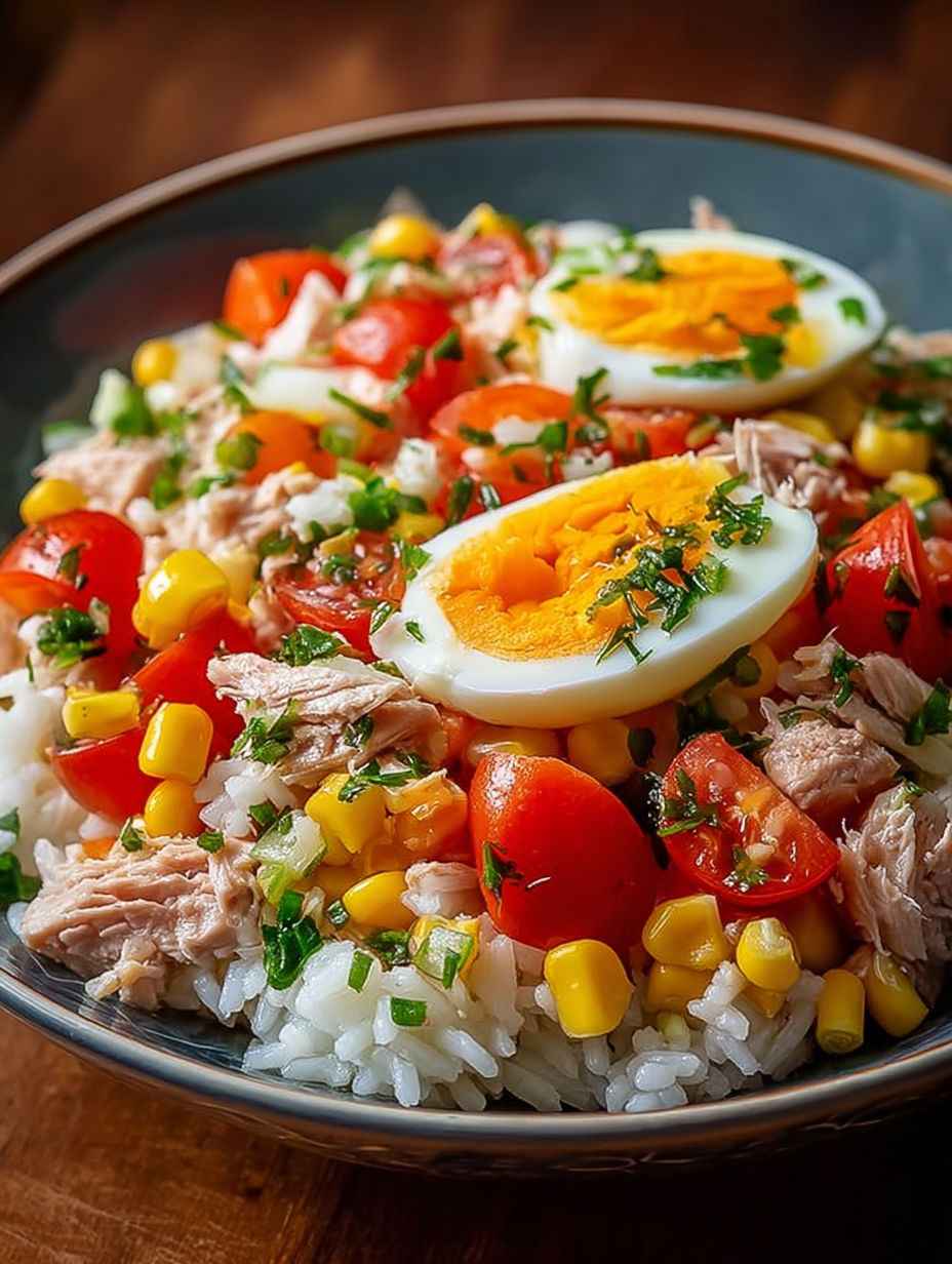 Une salade de riz et tomates avec des oeufs entiers et des herbes.