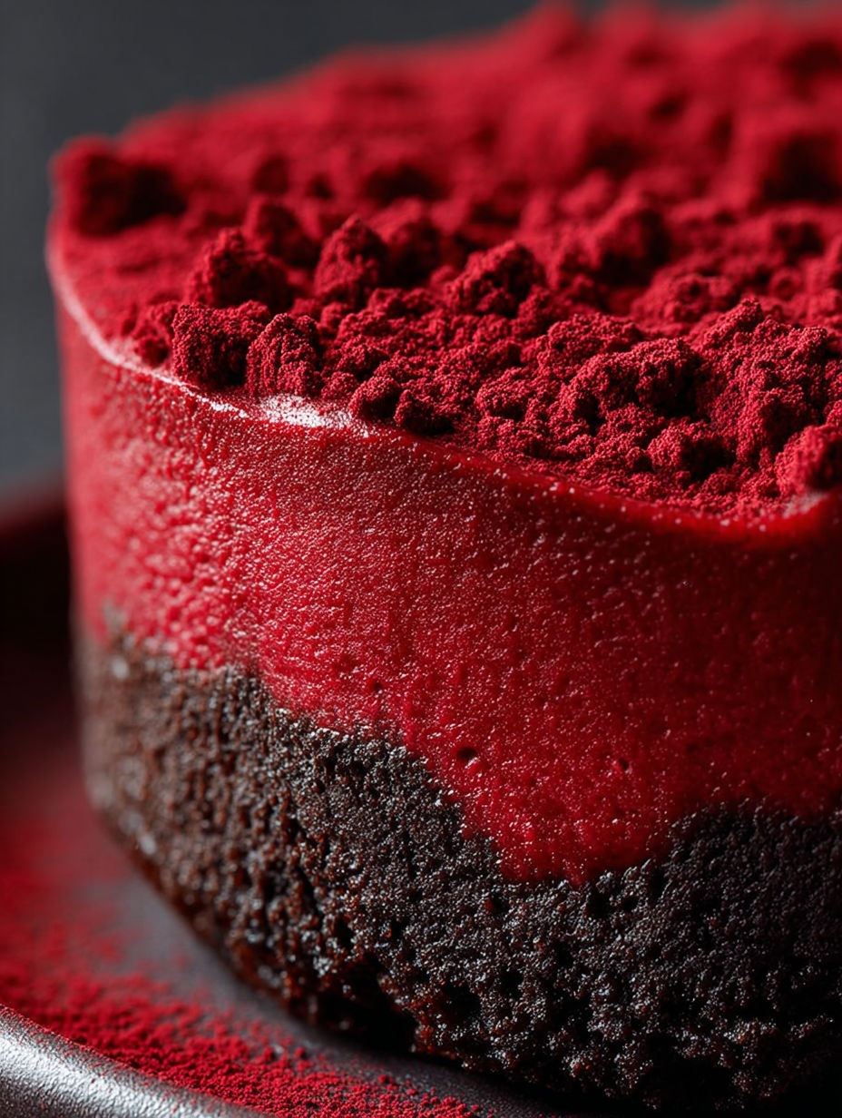 Une tarte au chocolat avec une couche de crème rouge.