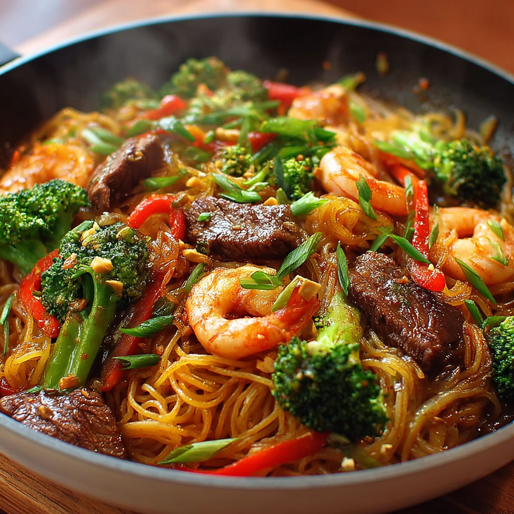 Une recette de wok avec des légumes et des viandes, incluant des brocolis, des carottes, des poivrons et des épinards.
