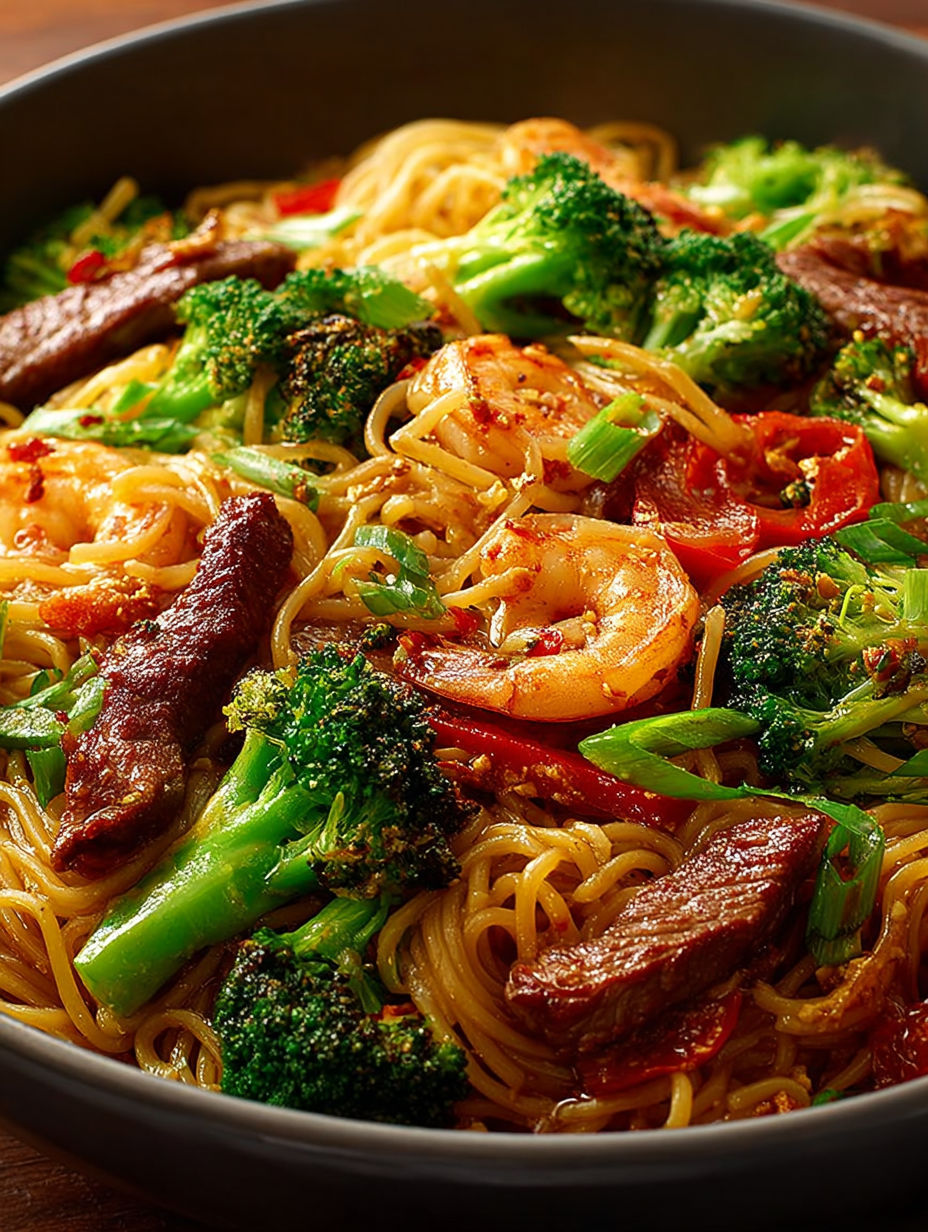 Une recette de noodles avec des légumes tels que des brocolis et des épinards.