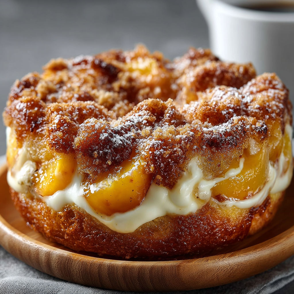 Une tarte aux fruits de mer, garnie de crème fouettée et de sucre, est servie sur un plateau en bois.