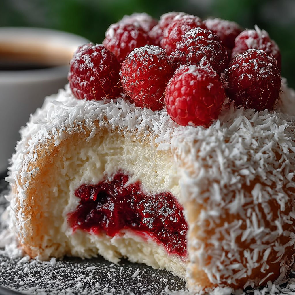 Un gâteau de boule de neige avec des framboises et des noix de coco.