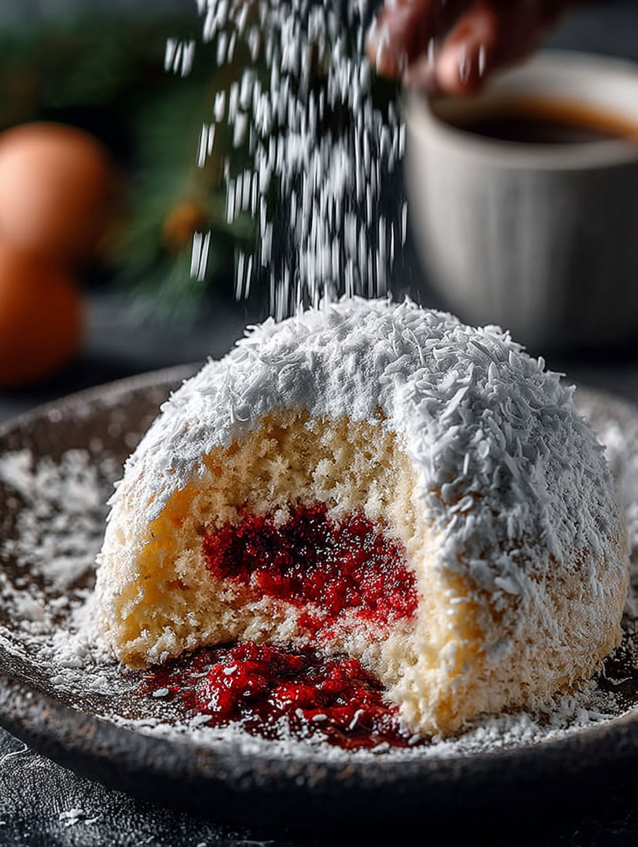 Une tarte aux fruits rouges et coconut, avec une goutte de sucre tombant dessus, est servie sur un plateau.