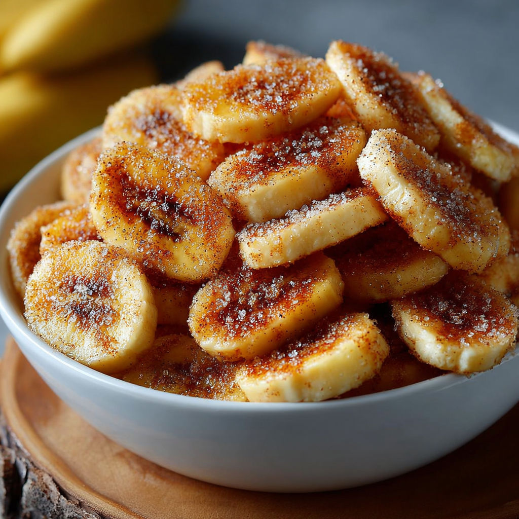Une pile de bananes frites avec du sucre et du cinnamon.
