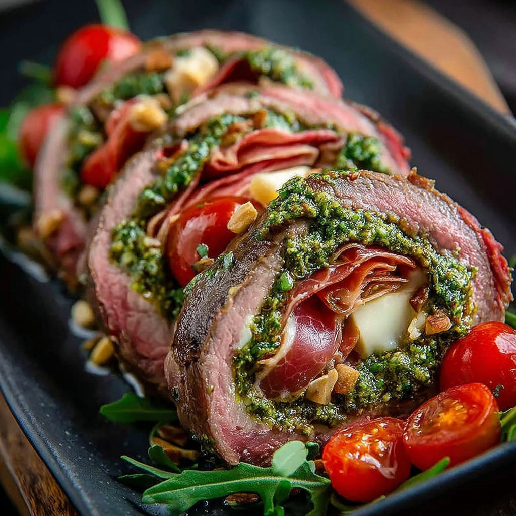 Une bavette farcie à l'italienne est servie sur une assiette noire.