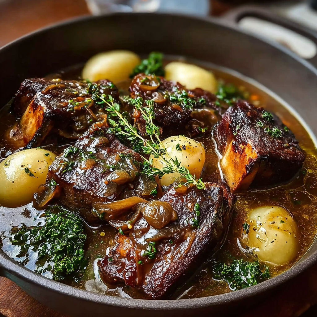 Une recette de viande de boeuf avec des pommes de terre et des champignons.
