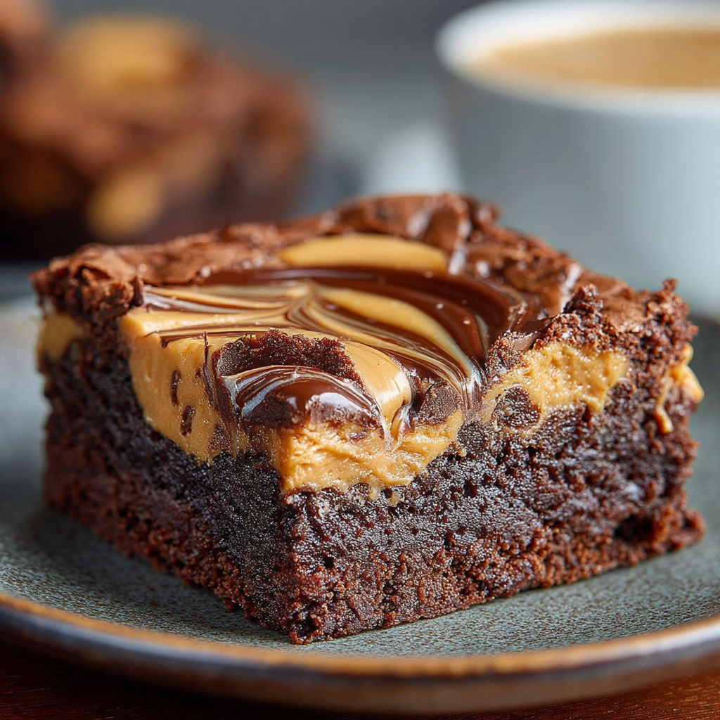 Un délicieux brownie chocolat avec des noix et du caramel, accompagné d'une tasse de café.