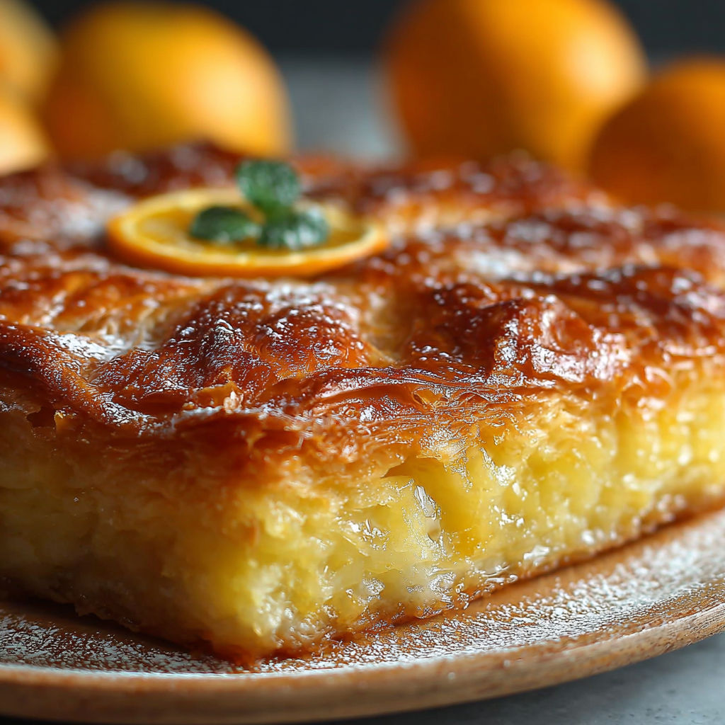 Une tarte aux oranges et au citron, avec des oranges et des citrons sur le dessus, est servie sur un plateau.
