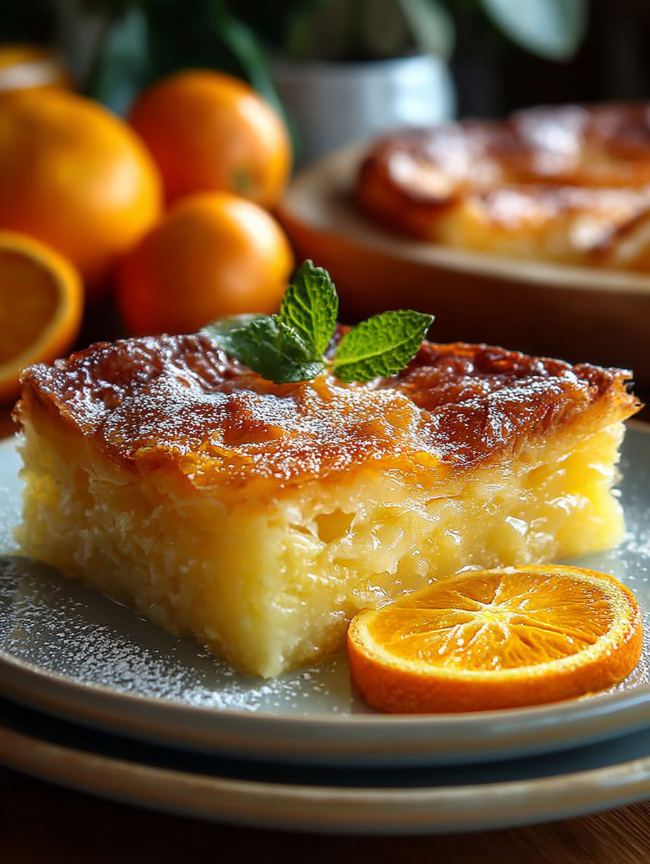 Une tarte aux fruits et à la menthe, accompagnée d'oranges, est servie sur un plateau.