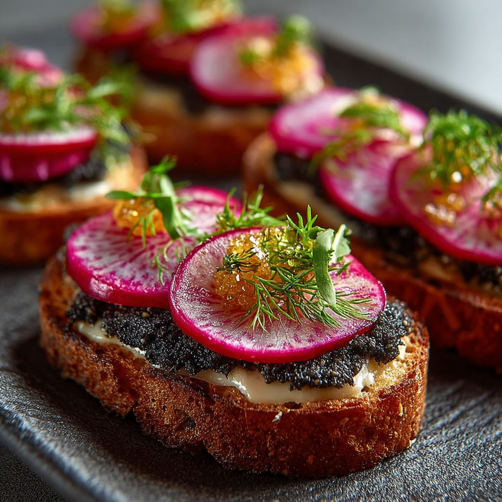 Une tarte aux pommes et radis, avec des herbes fraîches et des pâtes brunes, est servie sur un plateau.